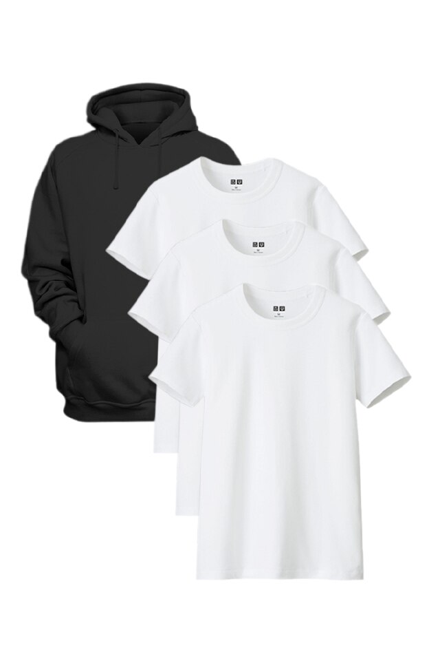 Set Hanorac negru + 3 Tricouri albe barbati toate, Negru