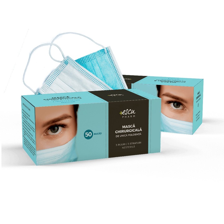 Set 50 bucati masti medicale de unica folosinta, BFE>98%, nesteril, bleu, adulti