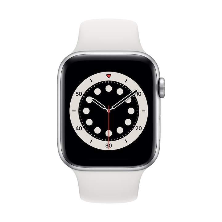 Apple Watch Series 6 GPS, 44 mm-es ezüst alumínium tok fehér sportszíj