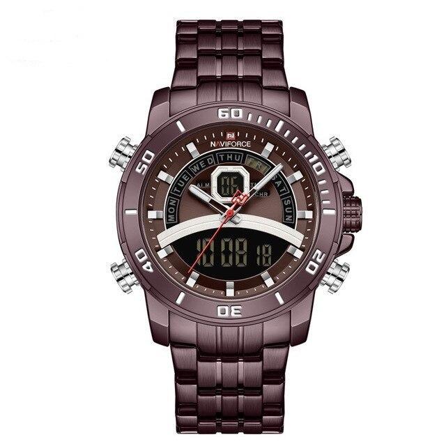Ceas Naviforce barbatesc, Analog, Digital, Otel inoxidabil, Quartz, Cronograf, Business, Elegant, Lumina de fundal, Calendar, Alarma, Multiple fuse orare, Indici luminosi, Cafeniu