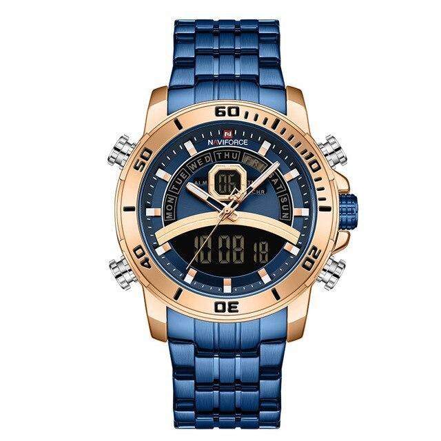 Ceas Naviforce barbatesc, Analog, Digital, Otel inoxidabil, Quartz, Cronograf, Business, Elegant, Lumina de fundal, Calendar, Alarma, Multiple fuse orare, Indici luminosi, Albastru auriu