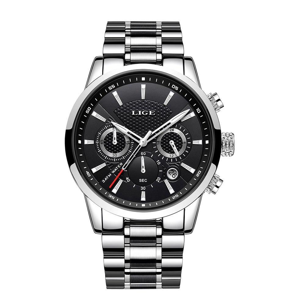 Ceas barbati Lige, Analog, Mecanism Quartz, Cronometru, Cronograf, Indici luminosi, Otel inoxidabil, Casual, Business, Calendar, Rezistent la socuri, Argintiu negru