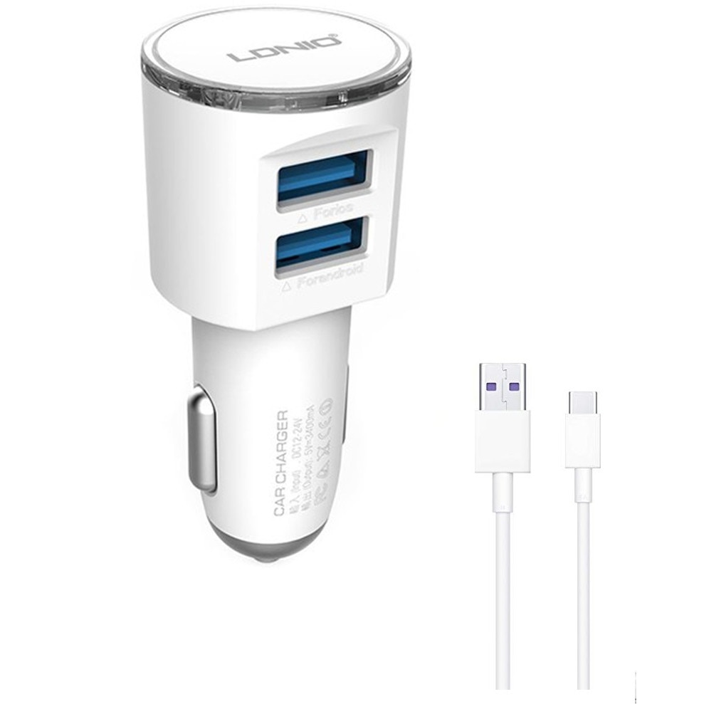 Incarcator auto Ldnio dubla incarcare + cablu Tip-C 3.4 A., incarcare rapida, calitate A+++