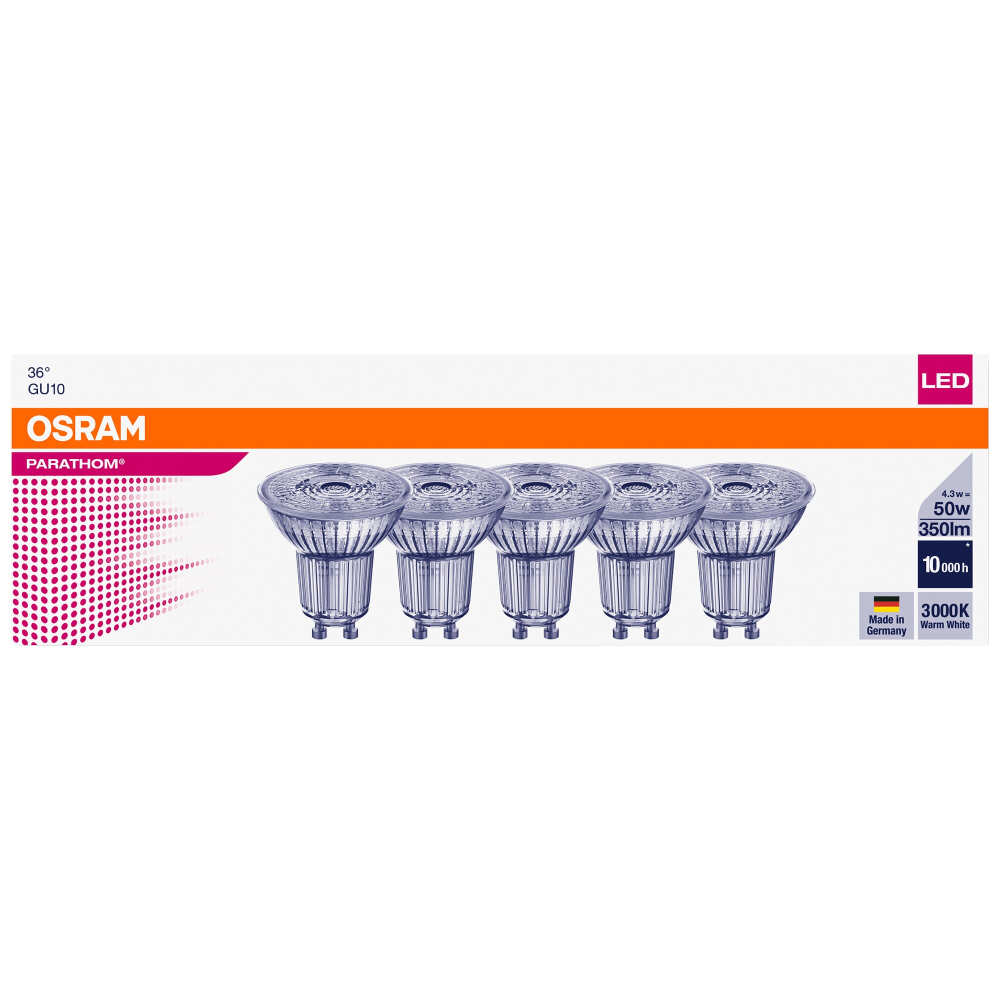 Set 5 becuri spot LED Osram Base, GU10, 4.3W (50W), 350 lm, lumina alba calda (2700K)