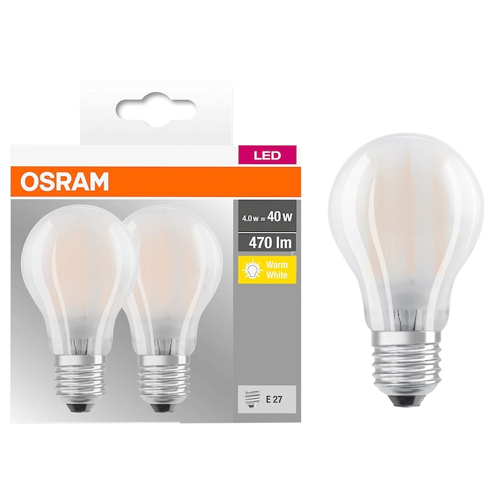 Set 2 becuri LED Osram Glass Frosted, E27, 4W (40W), 470 lm, lumina alba calda (2700K), clasa energetica E