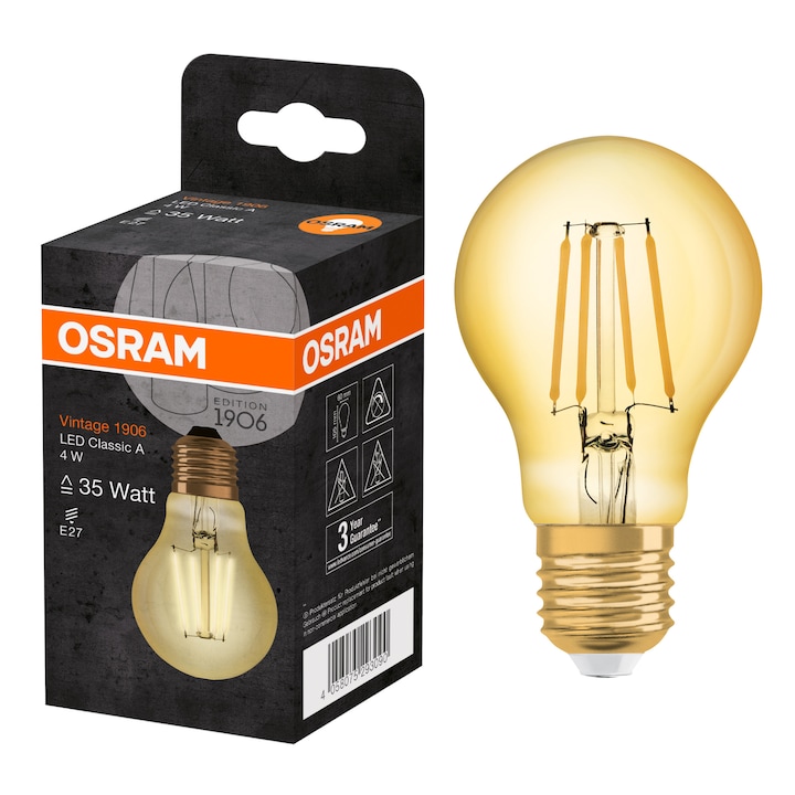 Bec LED vintage (decorativ) Osram 1906, A35, E27, 4W (35W), 410 lm, lumina alba calda (2400K), clasa energetica F