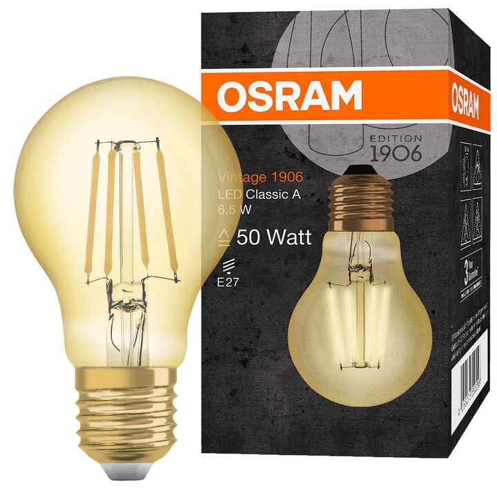 Bec LED vintage (decorativ) Osram 1906 A, E27, 6.5W (55W), lumina alba calda (2400K), clasa energetica F