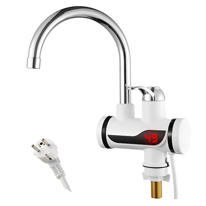 Robinet Electric Instant SIKS® cu Incalzire Instantanee a Apei, Afisaj LCD al Temperaturii, cu Montare Chiuveta, Alb