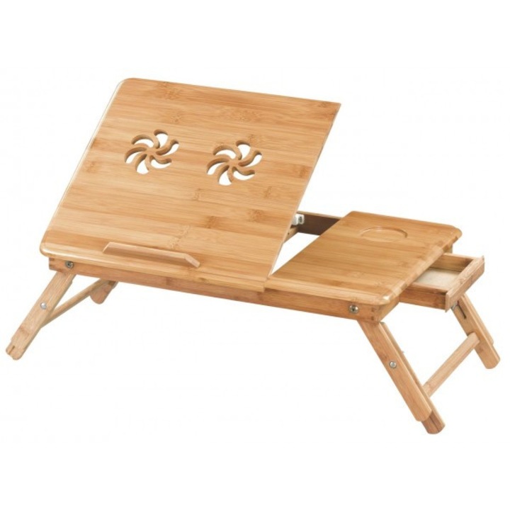 Бамбукова маса за стойка за лаптоп, с поставка за чаша и отделение за съхранение, регулируема в 4 позиции, вградени вентилационни отвори