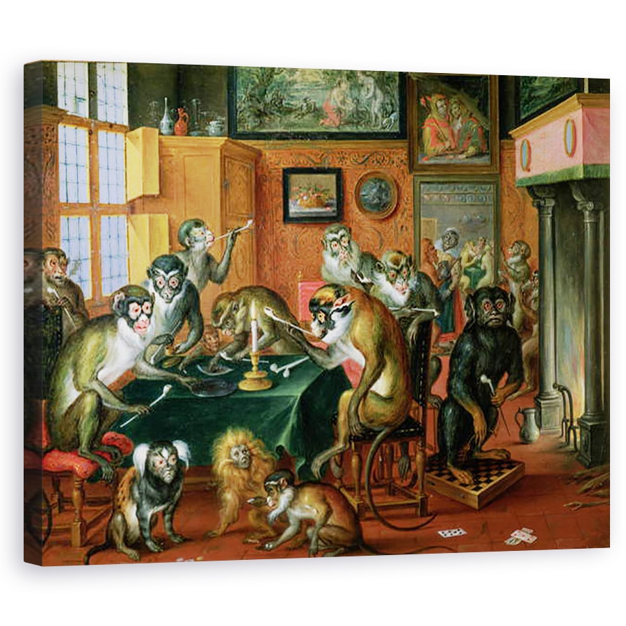 Tablou canvas - Abraham Teniers - Camera de fumatori cu maimute, 80 x 100 cm
