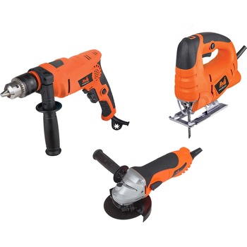 Set 3 scule electrice Evotools p01080, masina de gaurit si insurubat (bormasina) cu percutie 710 A, 710 W, 2900 RPM + polizor unghiular AG 125 630 W, 125 mm diametru disc + fierastrau pendular 400 W, 3000 curse/min Set 3 scule electrice Evotools p01080, masina de gaurit si insurubat (bormasina) cu percutie 710 A, 710 W, 2900 RPM + polizor unghiular AG 125 630 W, 125 mm diametru disc + fierastrau pendular 400 W, 3000 curse/min