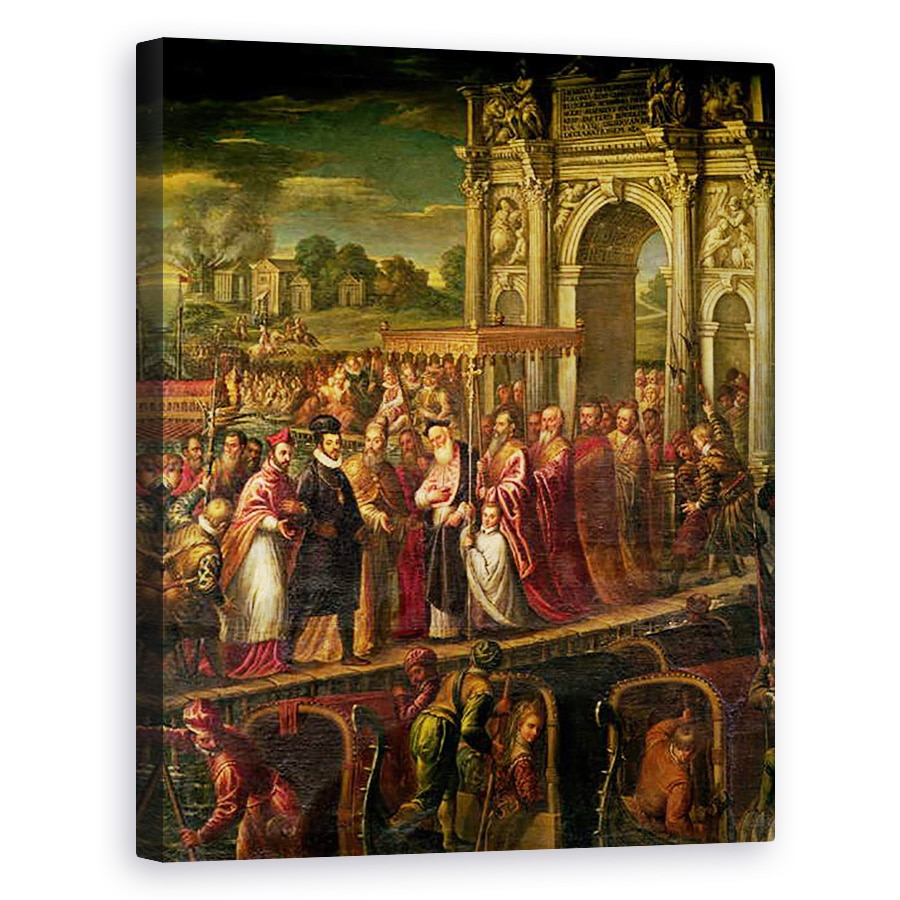 Tablou canvas - Andrea Vicentino - Regele Henri al III-lea 1551-89 al Frantei vizitand Venetia in 1574, escortat de Doge Alvise Mocenigo 1570-77 si intalnit de Patriarhul Giovanni Trevisan, 80 x 100 cm