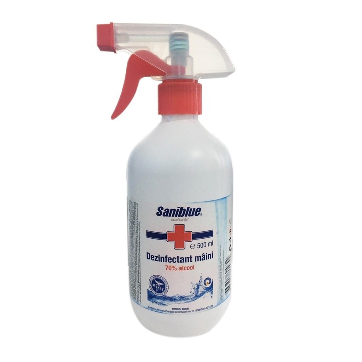 Dezinfectant biocid pentru maini 70% alcool Saniblue 500 ml avizat Ministerul Sanatatii