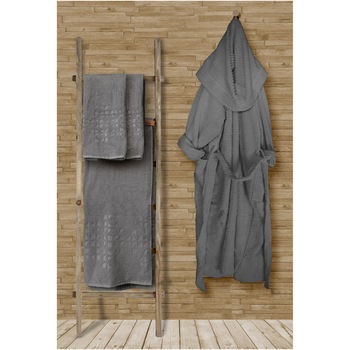 Set halat cu gluga S/M si 3 prosoape Kale Aglika, 2 x 50x70 cm si 1 x 70x140 cm, 100% bumbac, gri Set halat cu gluga S/M si 3 prosoape Kale Aglika, 2 x 50x70 cm si 1 x 70x140 cm, 100% bumbac, gri