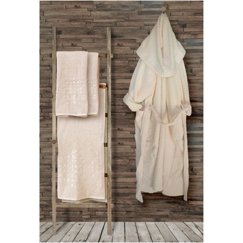 Set halat cu gluga S/M si 3 prosoape Kale Aglika, 2 x 50x70 cm si 1 x 70x140 cm, 100% bumbac, crem Set halat cu gluga S/M si 3 prosoape Kale Aglika, 2 x 50x70 cm si 1 x 70x140 cm, 100% bumbac, crem