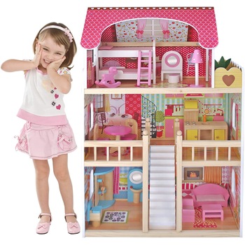 Casa de papusi din lemn cu mobilier din lemn si iluminat cu LED, TimeTrade, 90 x 59 x 30 cm Casa de papusi din lemn cu mobilier din lemn si iluminat cu LED, TimeTrade, 90 x 59 x 30 cm