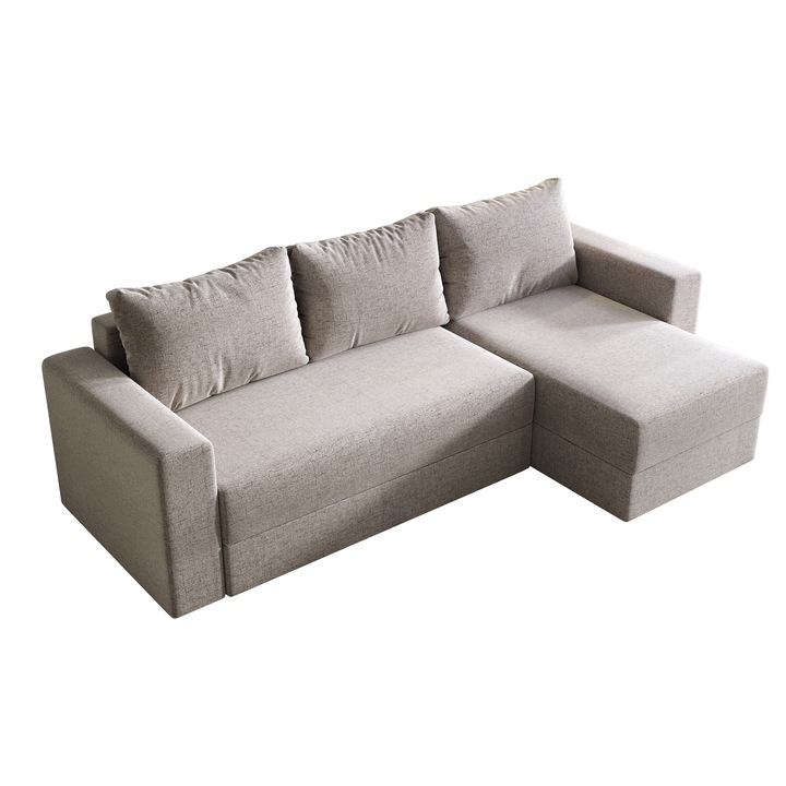 Coltar Alfa, extensibil, cu lada depozitare, stofa, 250 x 140 cm, Crem