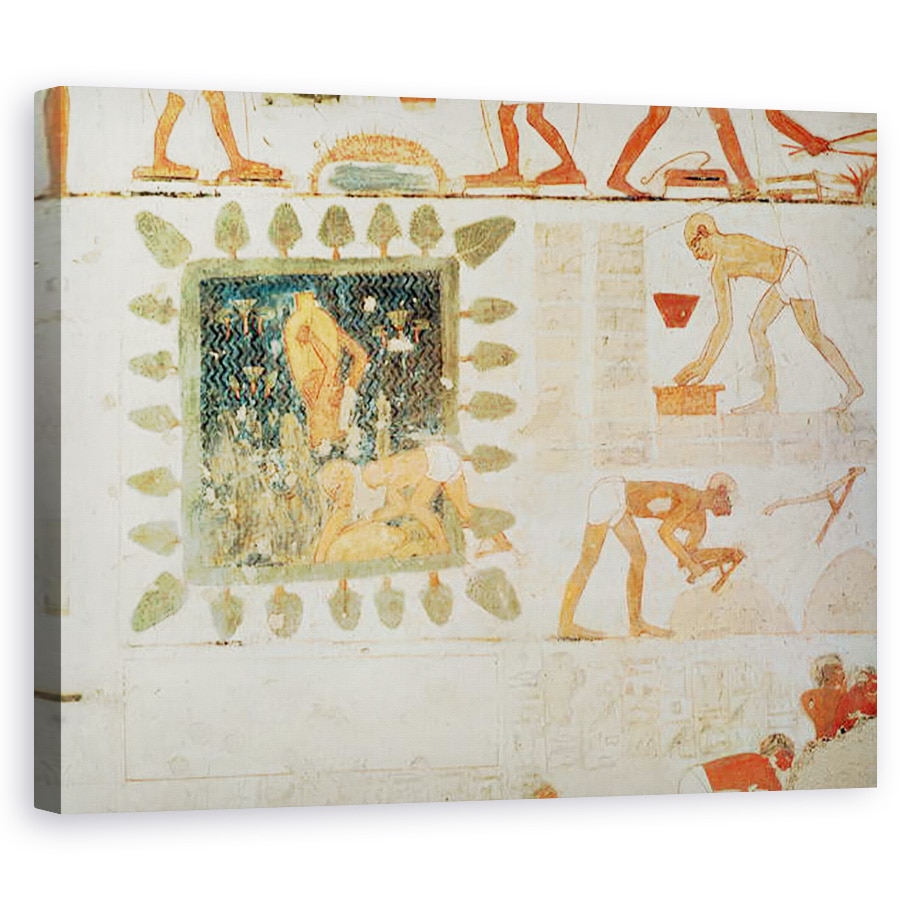 Tablou canvas - Egyptian 18th Dynasty - Pictura murala ilustrand doi barbati care colecteaza apa dintr-un lac patrat inconjurat de copaci si sclavi facand caramizi, 60 x 75 cm