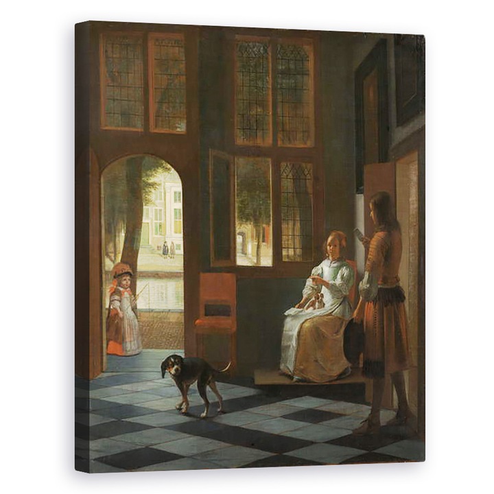 Tablou canvas - Pieter de Hooch - Barbat inmanand o scrisoare unei femei in holul de intrare al unei case, 60 x 75 cm