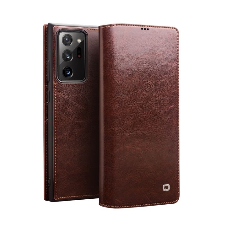 Husa pentru Samsung Galaxy Note 20 Ultra, Qialino Classic Wallet, slim din piele fina tip carte, cu buzunar card, culoare Maro