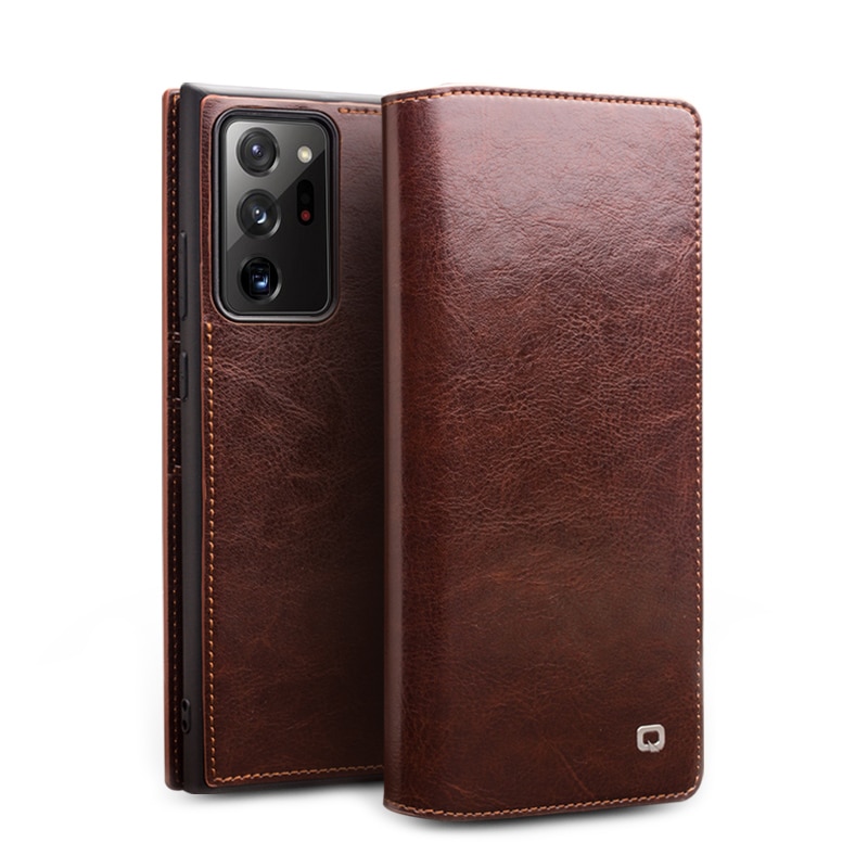Husa pentru Samsung Galaxy Note 20 Ultra, Qialino Classic Wallet, slim din piele fina tip carte, cu buzunar card, culoare Maro