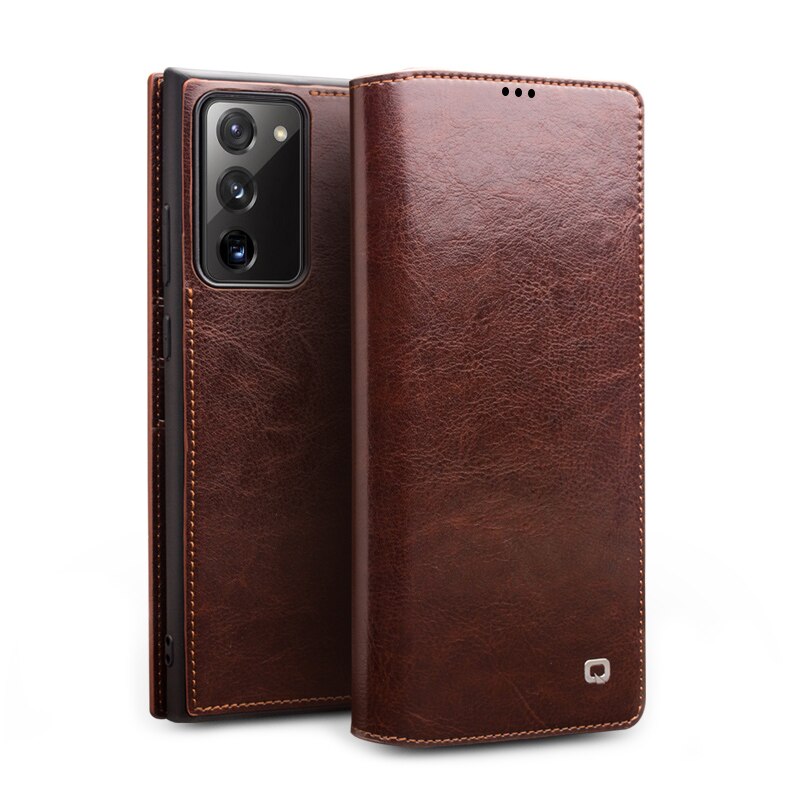 Husa Samsung Galaxy Note 20 - Qialino Classic Wallet, slim din piele fina tip carte, cu buzunar card, culoare Maro