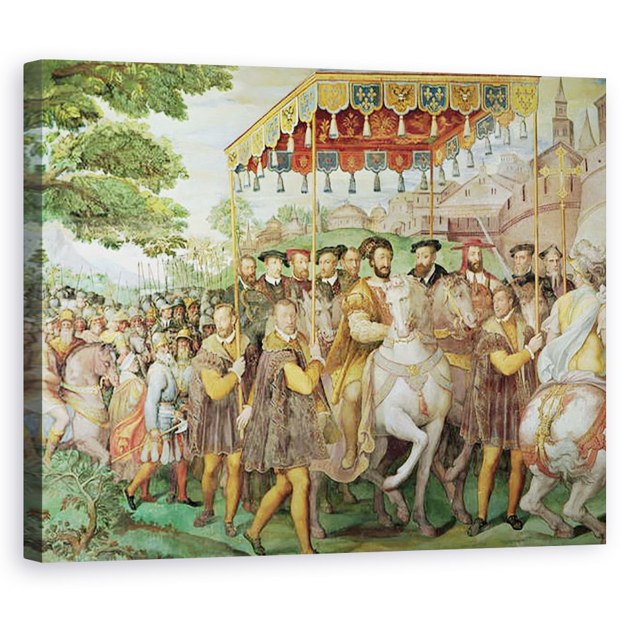 Tablou canvas - Taddeo Zuccaro - Intrarea solemna a imparatului Carol al V-lea 1500-58, Francisc I 1494-1547 si Alessandro Farnese 1546-92 la Paris in 1540, de la Sala dei Fasti Farnese, 80 x 100 cm