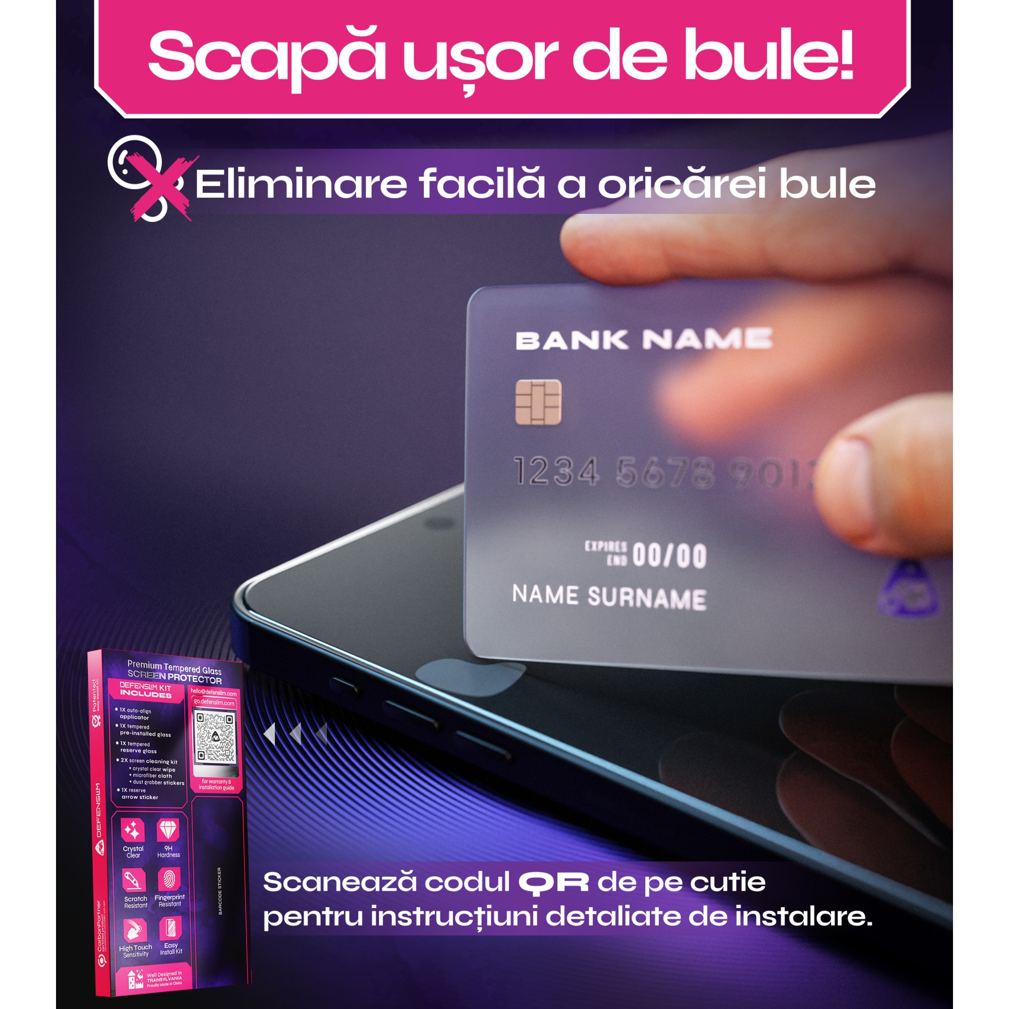 Folie sticla compatibil cu iPhone 6s / 6, set 2 buc, DefenSlim, instalare usoara si rapida cu dispozitiv de potrivire automata in 30 sec cu Easy Install Kit patentat, protectie telefon