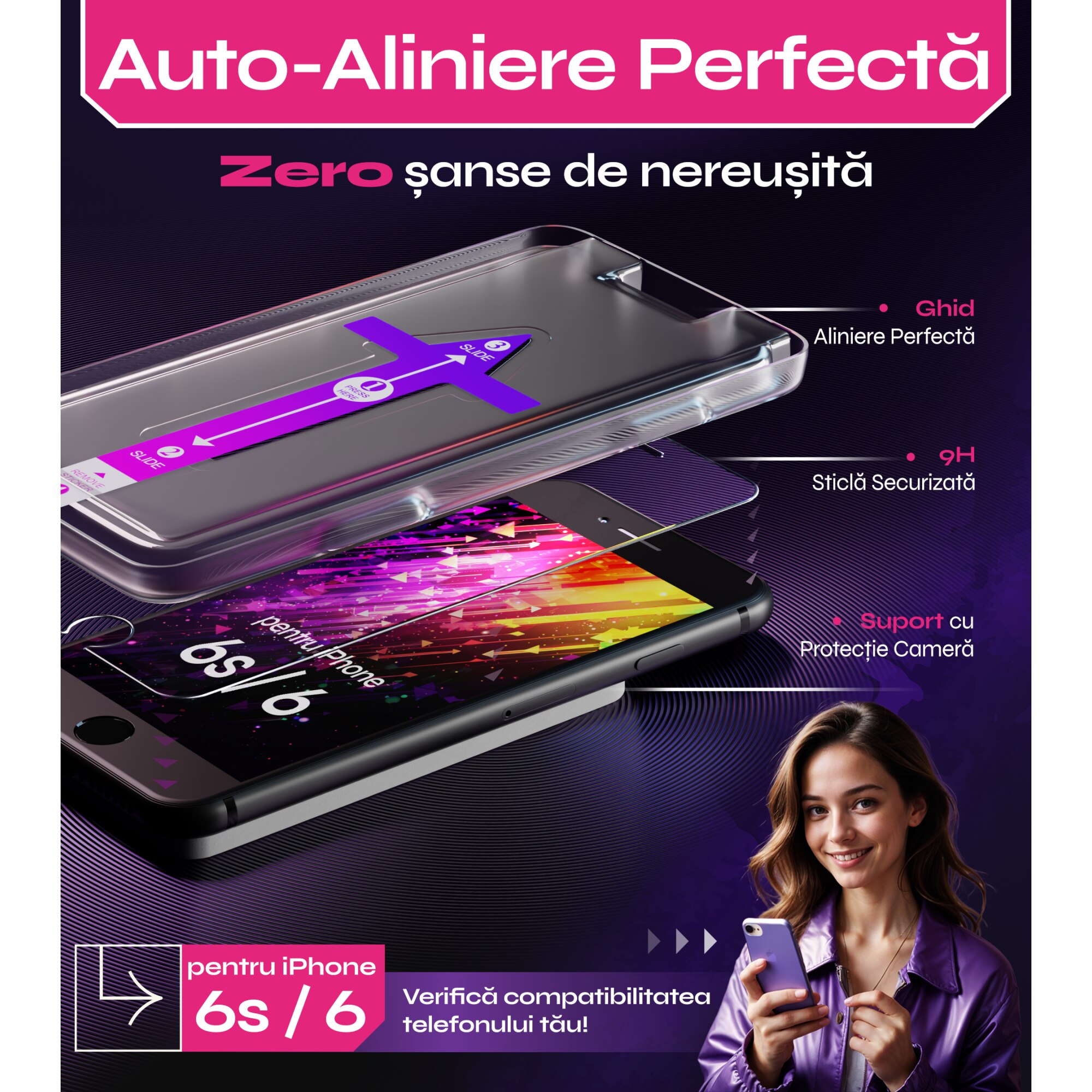 Folie sticla compatibil cu iPhone 6s / 6, set 2 buc, DefenSlim, instalare usoara si rapida cu dispozitiv de potrivire automata in 30 sec cu Easy Install Kit patentat, protectie telefon