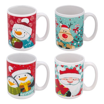 Set 4 Cani Ceramica, model cu design de Craciun, 415 ml, Multicolor Set 4 Cani Ceramica, model cu design de Craciun, 415 ml, Multicolor