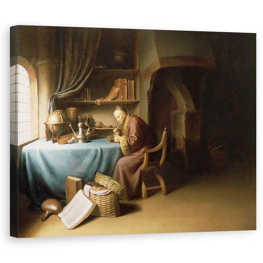 Tablou canvas - Gerard Dou - Un Batran isi lumineaza pipa intr-un studiu, 40 x 50 cm