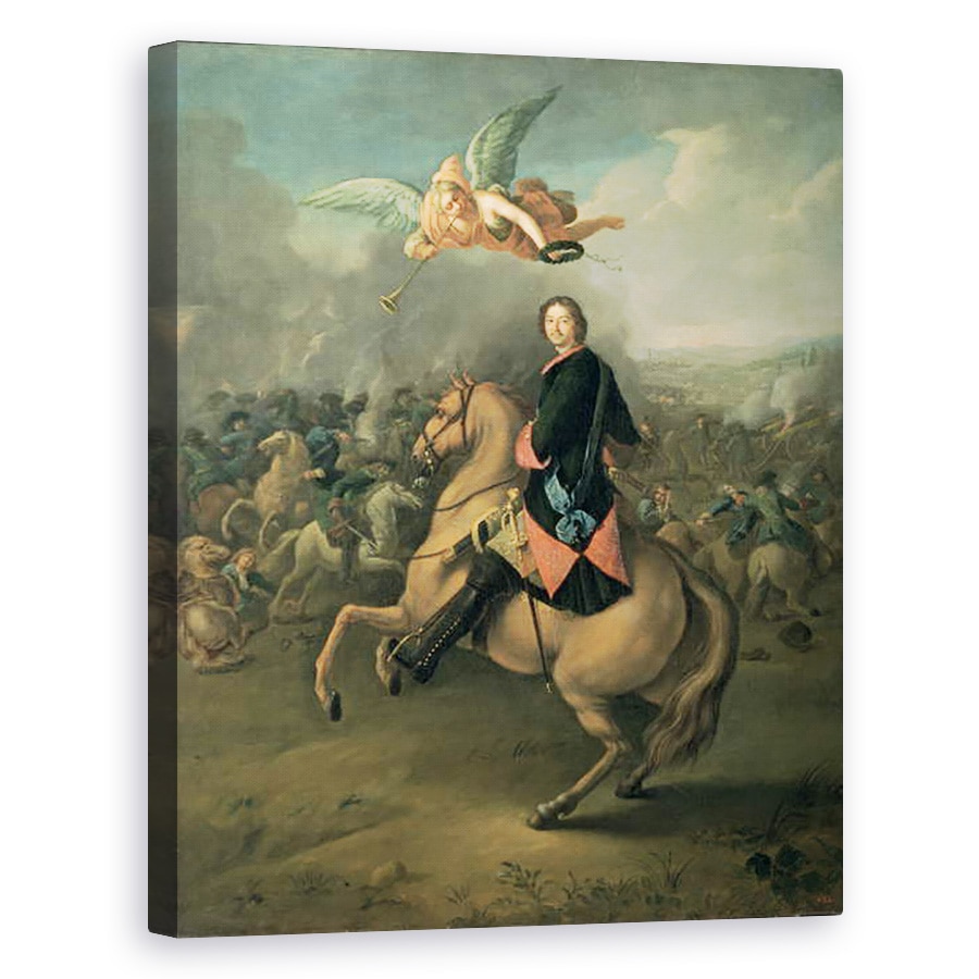 Tablou canvas - Gottfried Danhauer - Portretul lui Petru cel Mare pe fundalul bataliei de la Poltava, 40 x 50 cm