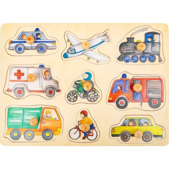 Puzzle lemn cu maner Vehicule, Puzzle lemn, jucarii copii 1 an +