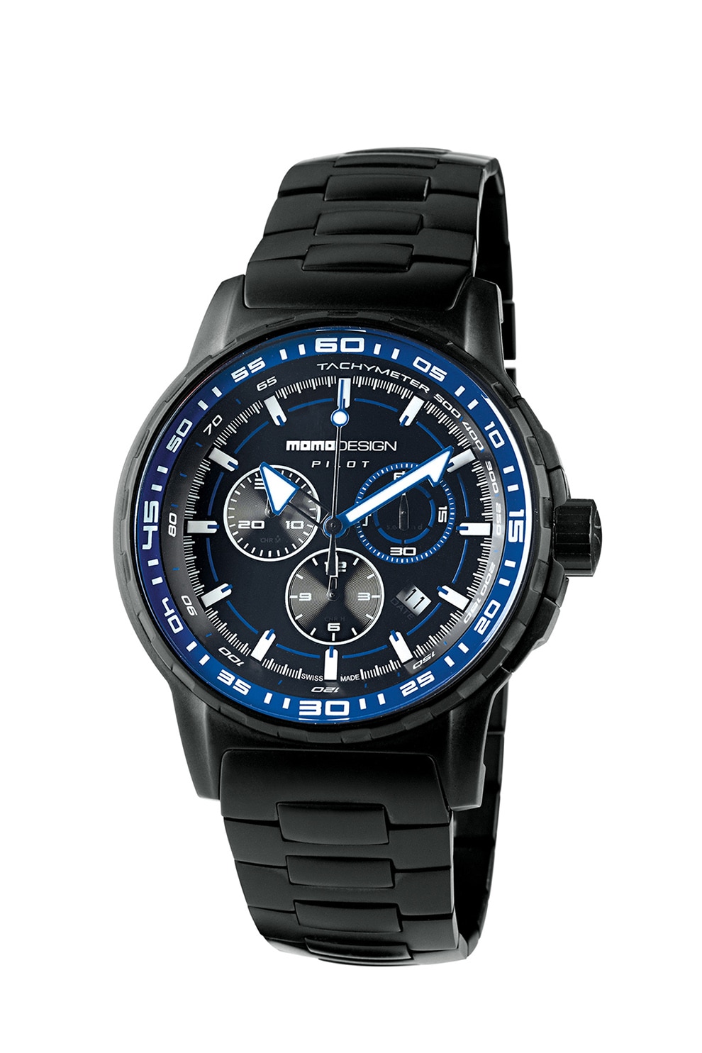 MOMO DESIGN, Ceas cronografic analog cu bratara metalica, Negru