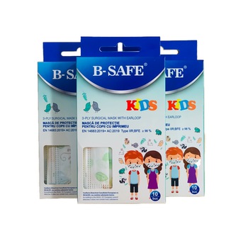 Pachet 3 seturi 10 bucati Masti medicale B-SAFE pentru copii, cu 3 straturi si 3 pliuri, elastic si tija metalica, tip IIR, albe cu imprimeu Pachet 3 seturi 10 bucati Masti medicale B-SAFE pentru copii, cu 3 straturi si 3 pliuri, elastic si tija metalica, tip IIR, albe cu imprimeu