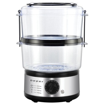 Aparat de gatit cu aburi Beper BC.261, 500W, 5l, timer 60 min, carcasa din otel inoxidabil, Negru/Inox Aparat de gatit cu aburi Beper BC.261, 500W, 5l, timer 60 min, carcasa din otel inoxidabil, Negru/Inox