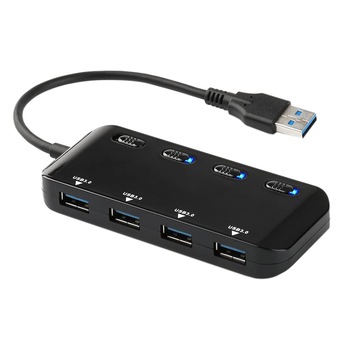 Hub USB 3.0, 4 porturi, Comutator pornire, Negru Hub USB 3.0, 4 porturi, Comutator pornire, Negru
