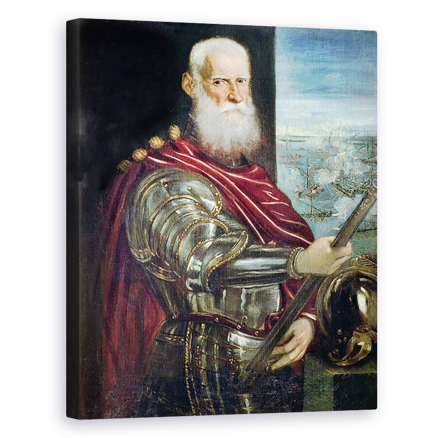 Tablou canvas - Jacopo Robusti Tintoretto - Portret De Sebastiano Vernier d.1578 Comandant-sef al fortelor venetiene in razboiul impotriva Imperiului Otoman cu batalia de la Lepanto in fundal, 40 x 50 cm
