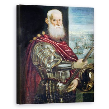 Tablou canvas - Jacopo Robusti Tintoretto - Portretul lui Sebastiano Vernier d.1578 Comandant-sef al fortelor venetiene in razboiul impotriva Imperiului Otoman cu batalia de la Lepanto in fundal, 80 x 100 cm Tablou canvas - Jacopo Robusti Tintoretto - Portretul lui Sebastiano Vernier d.1578 Comandant-sef al fortelor venetiene in razboiul impotriva Imperiului Otoman cu batalia de la Lepanto in fundal, 80 x 100 cm