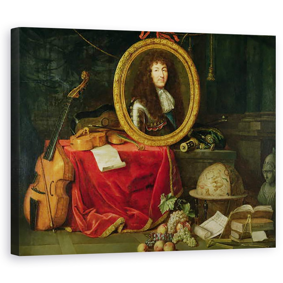 Tablou canvas - Jean Garnier - Natura statica cu portretul regelui Ludovic al XIV-lea 1638-1715 inconjurat de instrumente muzicale, flori si fructe, 60 x 75 cm