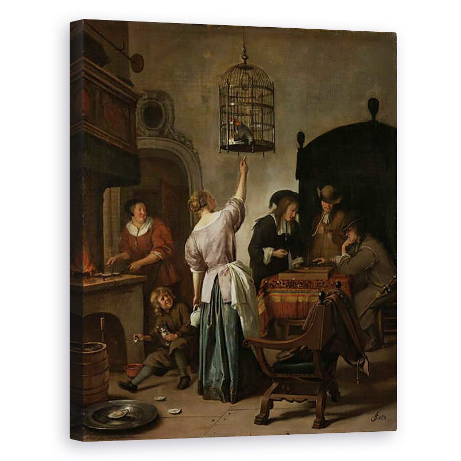 Tablou canvas - Jan Havicksz. Steen - Interior cu o femeie hranind un papagal, cunoscut sub numele de Cage papagal, 40 x 50 cm