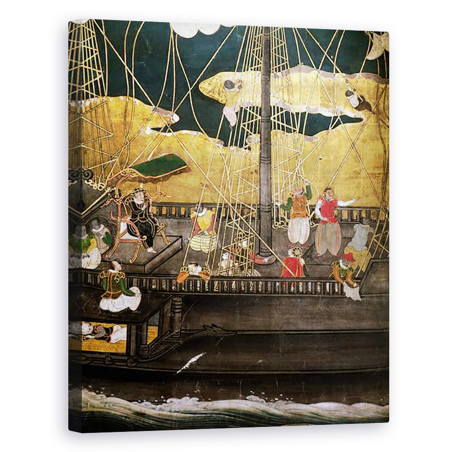 Tablou canvas - Scoala Japoneza - Sosirea portughezilor in Japonia, detaliu al navei portugheze, de la un ecran Namban Byobu, 40 x 50 cm