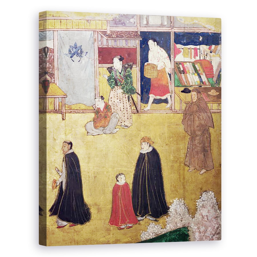 Tablou canvas - Scoala Japoneza - Sosirea portughezilor in Japonia, detalii de magazine de pe un ecran Namban Byobu, 80 x 100 cm