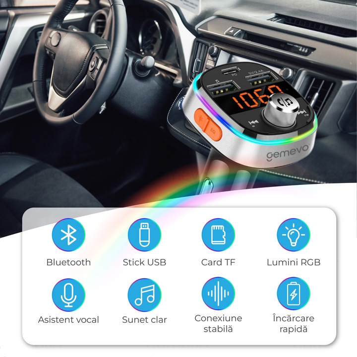 Modulator FM Gemevo® Bluetooth 5.0, Transmitator FM cu functie de incarcator auto quickcharge 3.0 si port USB C, Gemevo