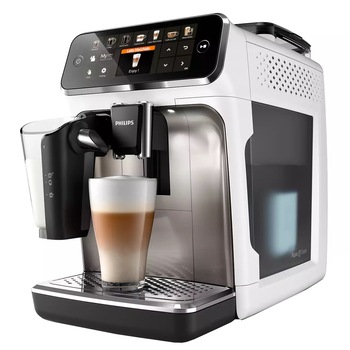 Espressor automat Philips Seria 5400 EP5443/90, sistem de lapte LatteGo, 12 bauturi, display digital TFT si pictograme color, filtru AquaClean, rasnita ceramica, optiune cafea macinata, functie MEMO 4 profiluri, Alb Espressor automat Philips Seria 5400 EP5443/90, sistem de lapte LatteGo, 12 bauturi, display digital TFT si pictograme color, filtru AquaClean, rasnita ceramica, optiune cafea macinata, functie MEMO 4 profiluri, Alb