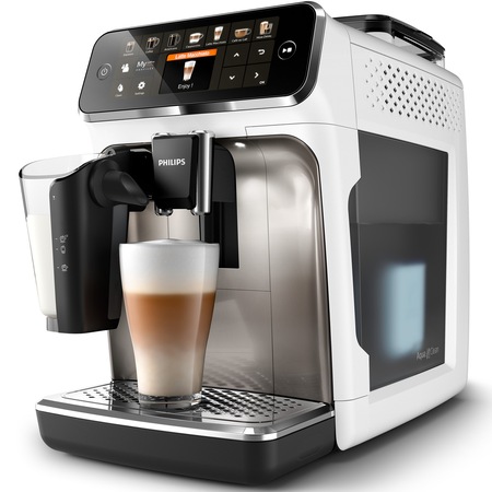 Espressor automat Philips Seria 5400 EP5443/90, sistem de lapte LatteGo, 12 bauturi, display digital TFT si pictograme color, filtru AquaClean, rasnita ceramica, optiune cafea macinata, functie MEMO 4 profiluri, alb