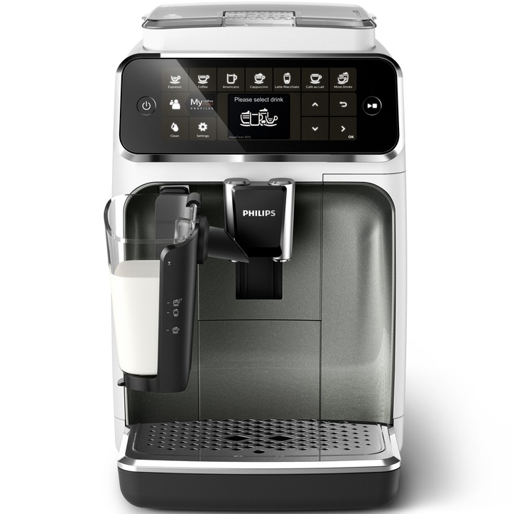 Кафеавтомат Philips Series 4300 EP4343/70, Система за мляко LatteGo, 8 напитки, Цифров TFT екран в 3 цвята, Филтър AquaClean, Керамична мелничка, Опция мляно кафе, Функция MEMO 2 профила, Бял