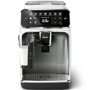 Espressor automat Philips Seria 4300 EP4343/70, sistem de lapte LatteGo, 8 bauturi, 15 bar, display digital TFT in 3 culori, filtru AquaClean, rasnita ceramica, optiune cafea macinata, functie MEMO 2 profiluri, Alb