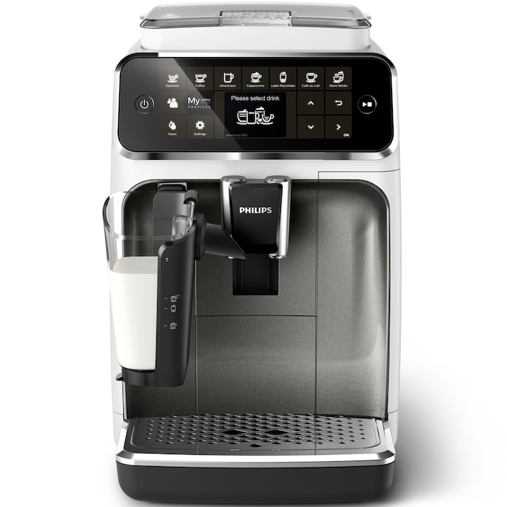 Philips Series 4300 LatteGo EP4343/70 automata kávéfőző, LatteGo tejhabosítóval, 8 ital, 15 bar, TFT kijelző, AquaClean szűrő, Fehér