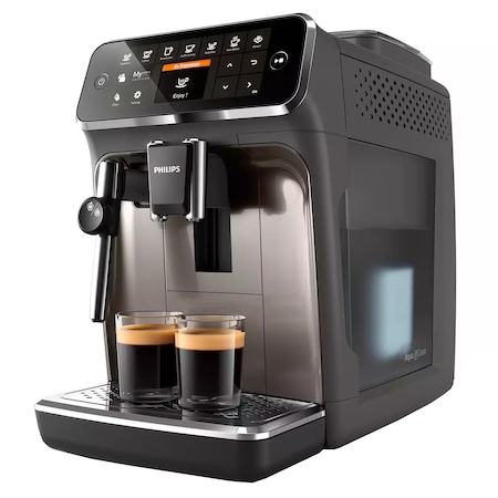 Espressor automat Philips Seria 4300 EP4324/90, sistem clasic de spumare, 5 bauturi, display digital TFT in 3 culori, filtru AquaClean, rasnita ceramica, optiune cafea macinata, functie MEMO 2 profiluri, Gri casmir